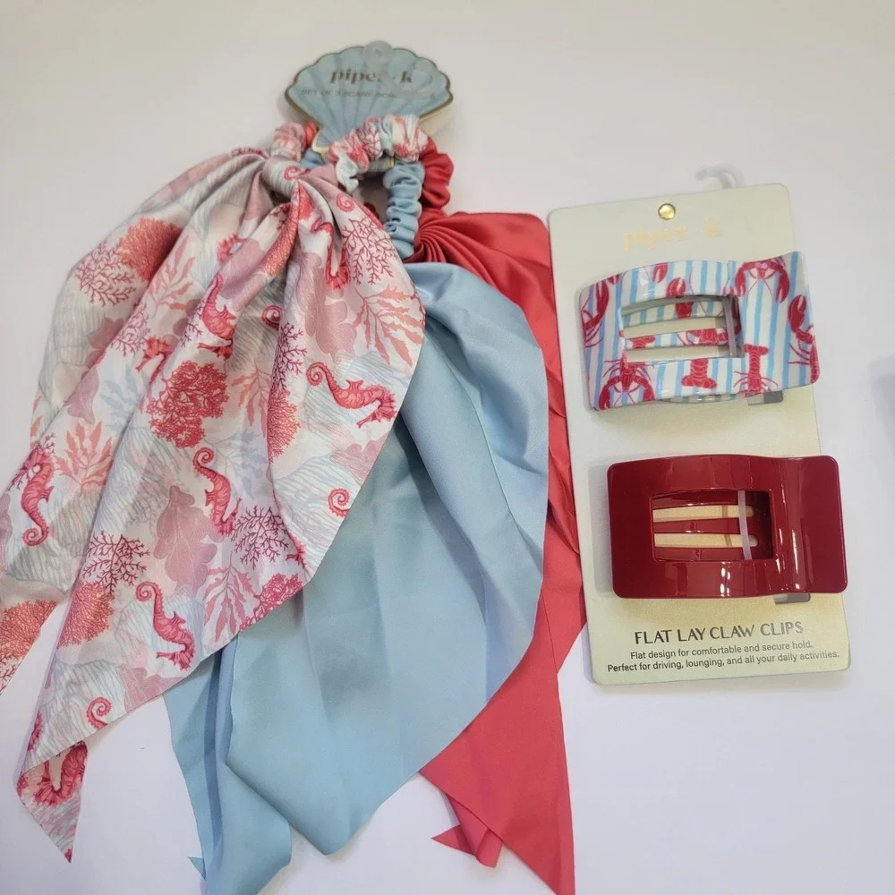 Piper K Coastal Seahorse Scarf Scrunchie & Lobster Flat Hair Clip Nautical Beach